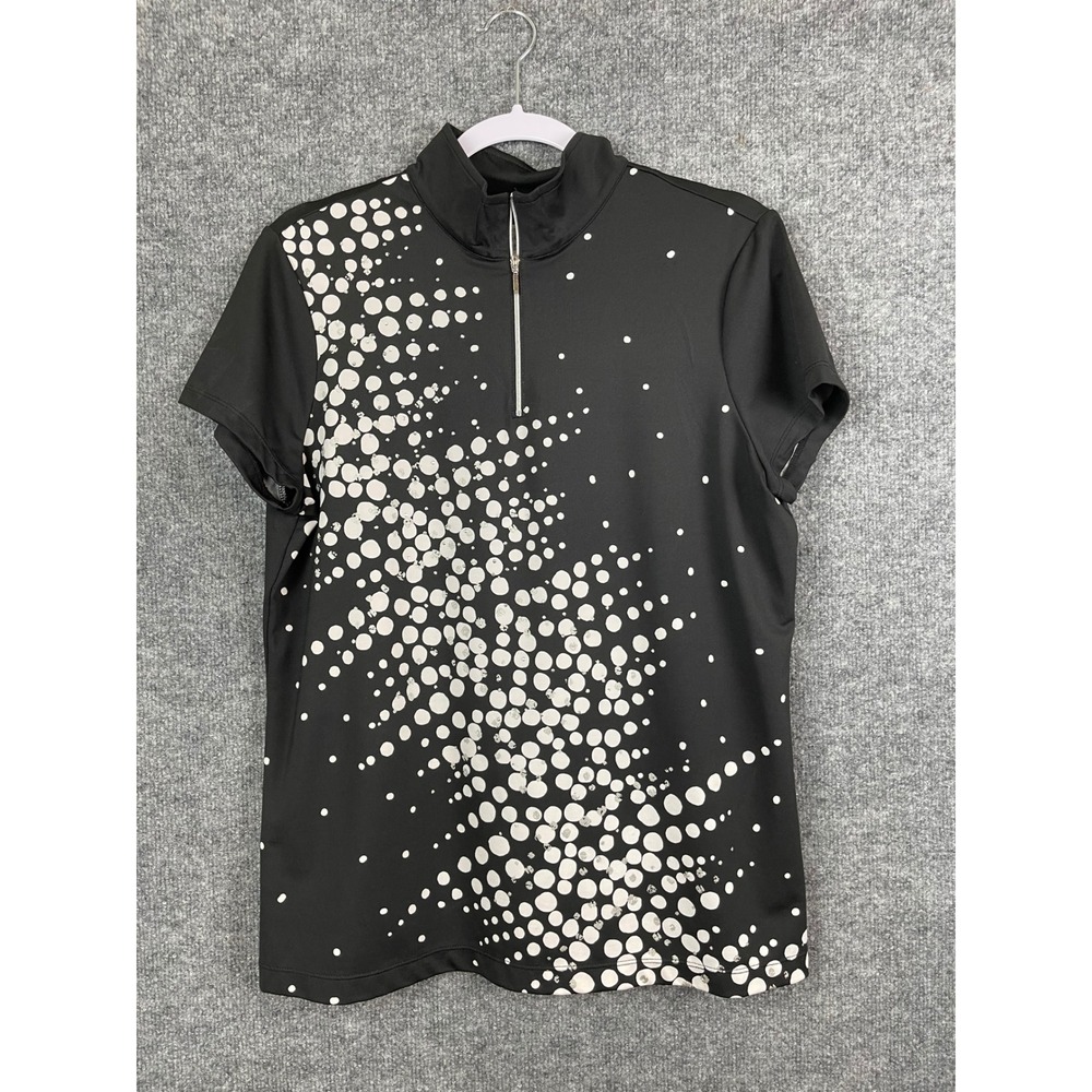 Chico's Zenergy Golf Top Women Size 2 Large Black White Dot Zip Polo
